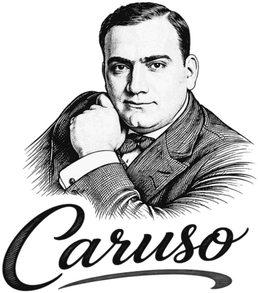 Grabado de Enrico Caruso con la mano en el mentón y la firma «Caruso», el mismo de nuestra carta.